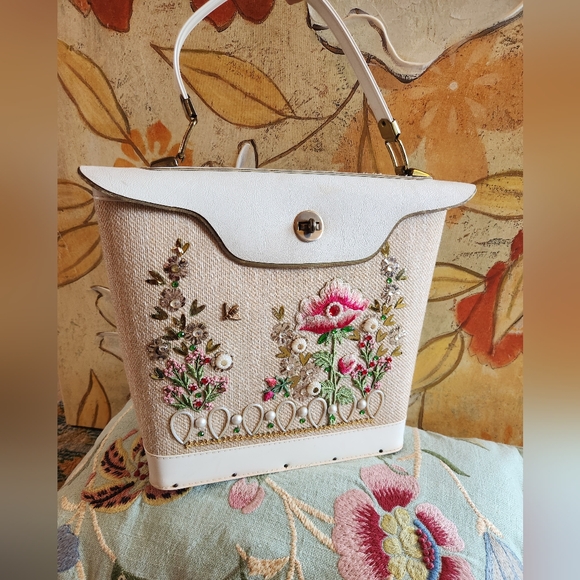 Vtg 60s EC Style Antique DIY Box Purse Bucket Embroidery Flowers Glitzy Handbag - Picture 2 of 16